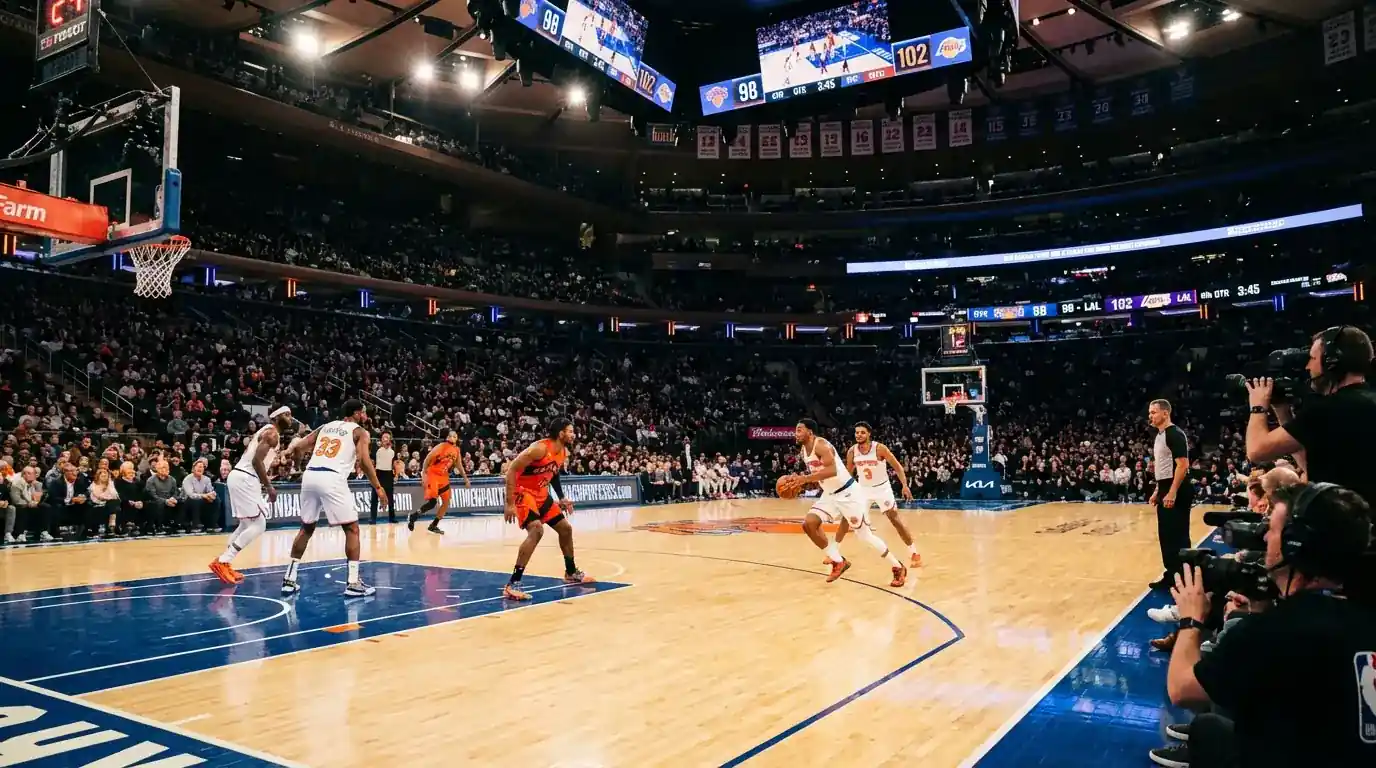 NBA basketball game with professional players on indoor hardwood court during competitive match